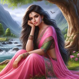 Beautiful Indian woman sitting under a tree.