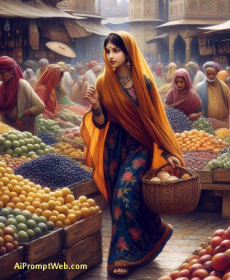 Indian Village Girl in Fruit Market