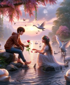 Boy Giving Rose Flower to Girl